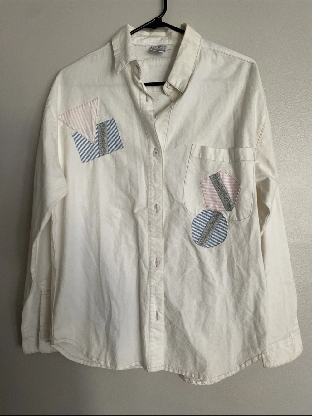 Vintage Gitano Ivory Button-Down Shirt with Pink and Blue Patchwork